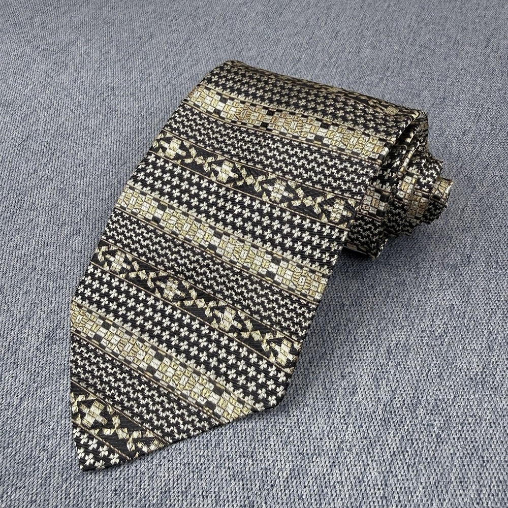 Robert Talbott Studio Learbury Silk Jacquard Tie Black Gold Geometric 57" USA